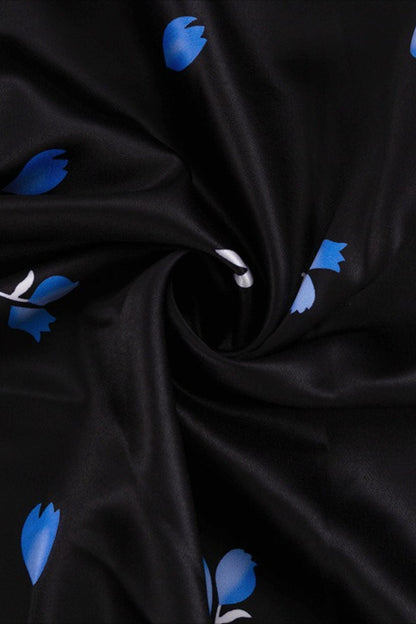 Deep V Neck Bell Sleeve Scattered Floral Satin Maxi Gown