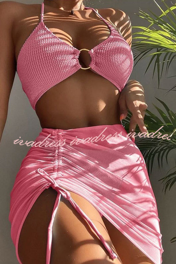 Commuting Style Suspender Pleated Hoop Three Pieces Swimsuit Set