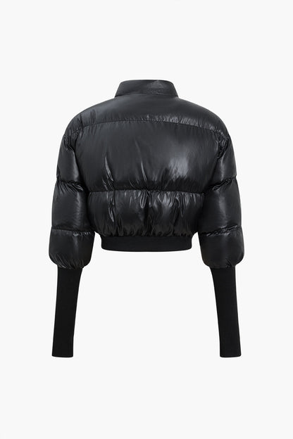 Crop Puffer Jacket With Knit Sleeves