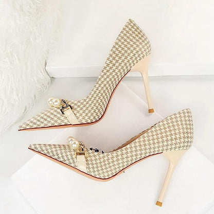 Grain Women Pumps with Pearl Chain Design - High Quality High Heels
