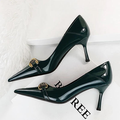 7cm Heels Metal Buckle Women Pumps in Patent Leather Kitten Style