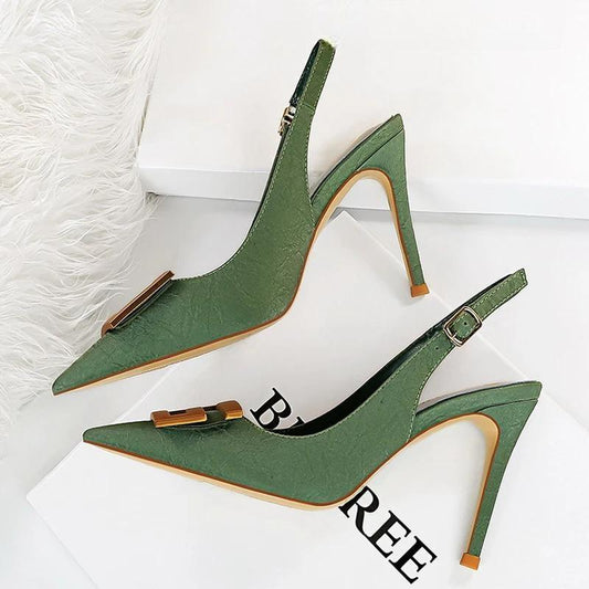 Metal Square Buckle High Heel Stiletto Pumps for Women, Pointed Toe Sexy Party Shoes