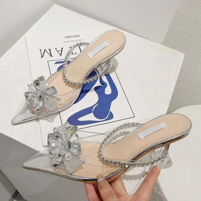 Silver String Bead Crystal Buckle Women Pumps with Pointed Toe and Low Heels