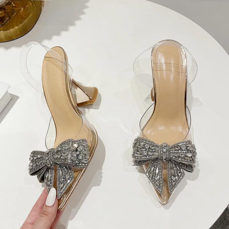 Crystal Sequined Bowknot Women Pumps with Sexy Pointed Toe High Heels