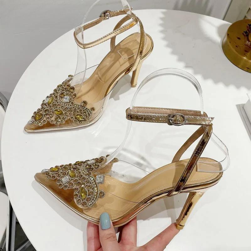 Transparent PVC Women Pumps with Sexy String Bead Crystal High Heels
