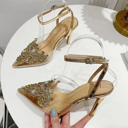 Transparent PVC Women Pumps with Sexy String Bead Crystal High Heels