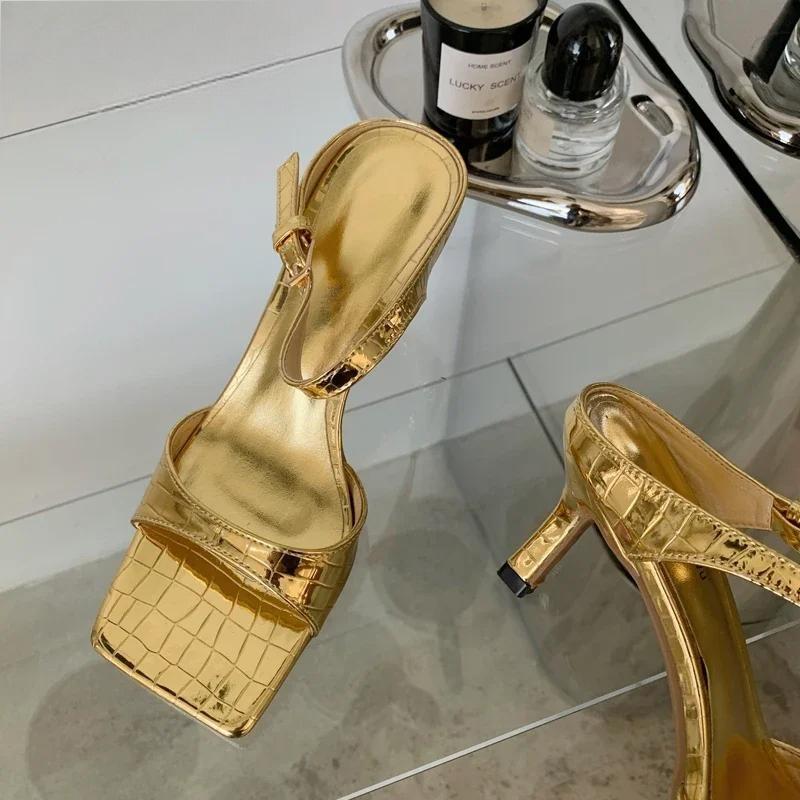 Gold Silver Women Slipper with Square Toe Low Heels Sandal