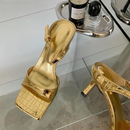 Gold Silver Women Slipper with Square Toe Low Heels Sandal