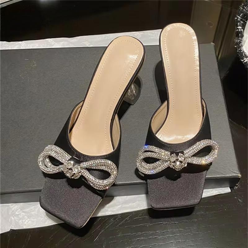 Crystal Butterfly-knot Slippers Women Fashion Square Toe Transparent Low Heels