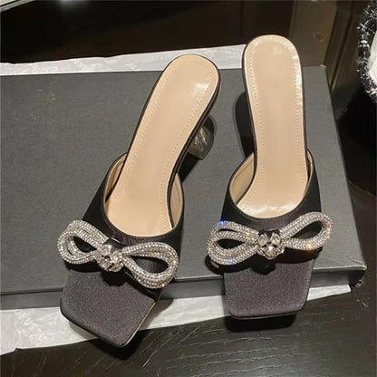 Crystal Butterfly-knot Slippers Women Fashion Square Toe Transparent Low Heels