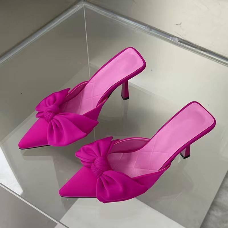 Autumn Big Butterfly-knot Women Slippers Sandals Pointed Toe Mules Stripper High Heel
