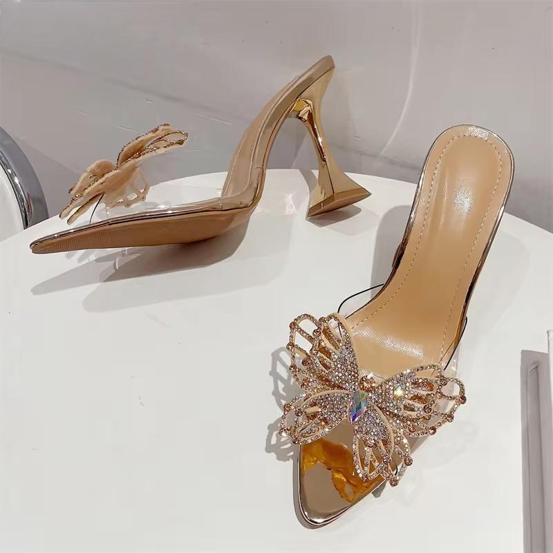 Crystal Bowknot Women Slippers with Sexy Pointed Toe and Strange Heels