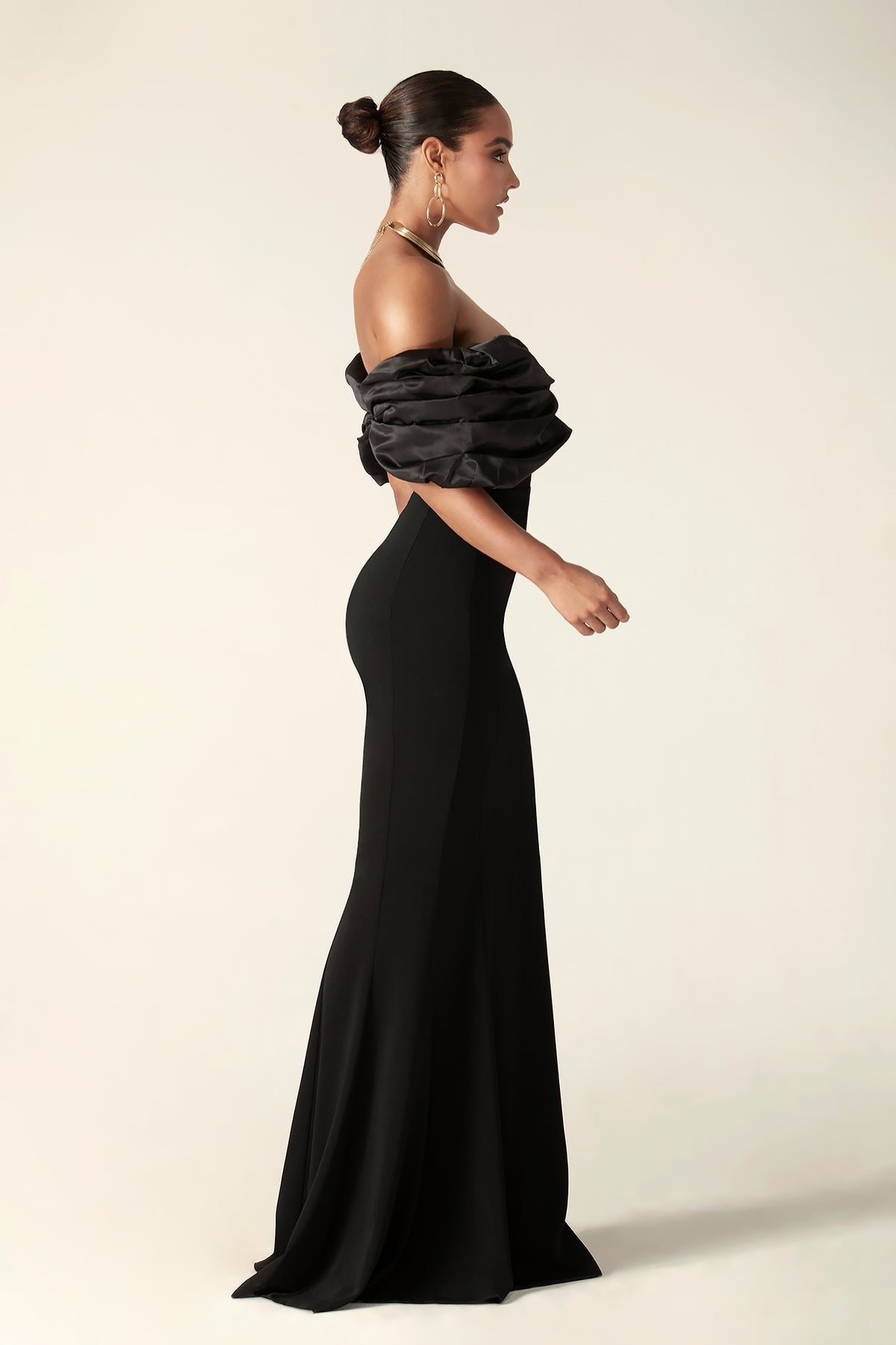 Off Shoulder Satin Ruffle Tiered Bodice High Slit Column Maxi Dress