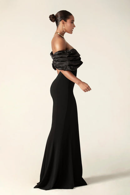 Off Shoulder Satin Ruffle Tiered Bodice High Slit Column Maxi Dress
