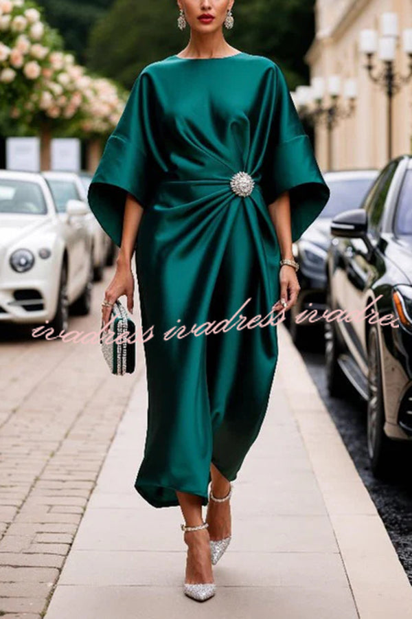 Satin Elegant Brooch Embellished Casual Round Neck Midi Dress