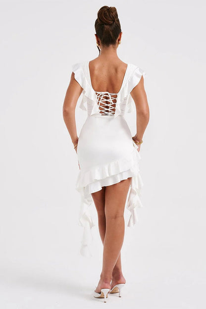 Deep V Neck Corset Bodice Ruffle Trim Asymmetrical Hem Satin Mini Dress