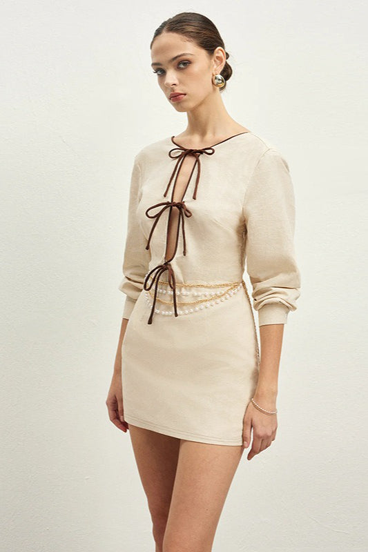 Round Neck Lace Up Front Cutout Bow Tie Long Sleeve Mini Dress
