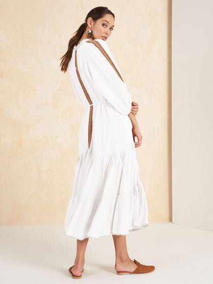 Boho Dress V-Neck 3/4 Length Sleeves Light Apricot Embroidered Bohemian Gypsy Beach Vacation Spring Summer Midi Dress For Women