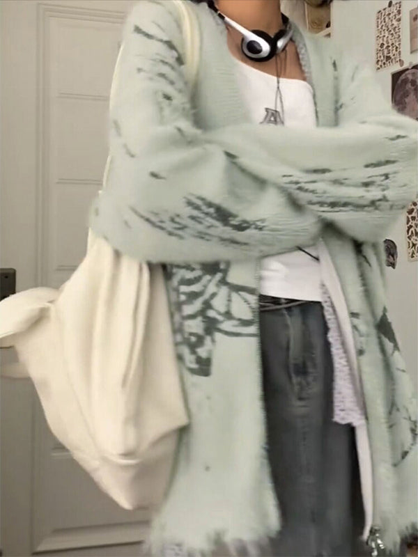 Print V Neck Zip Up Loose Cardigan