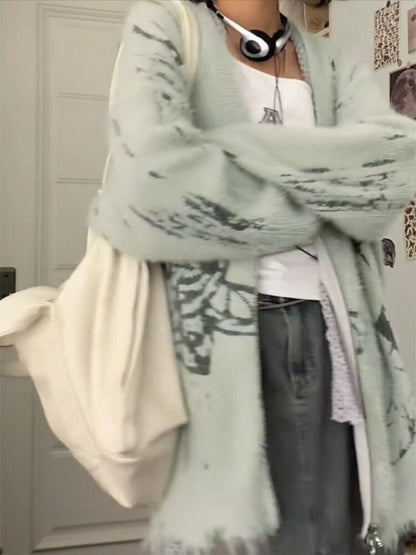 Print V Neck Zip Up Loose Cardigan