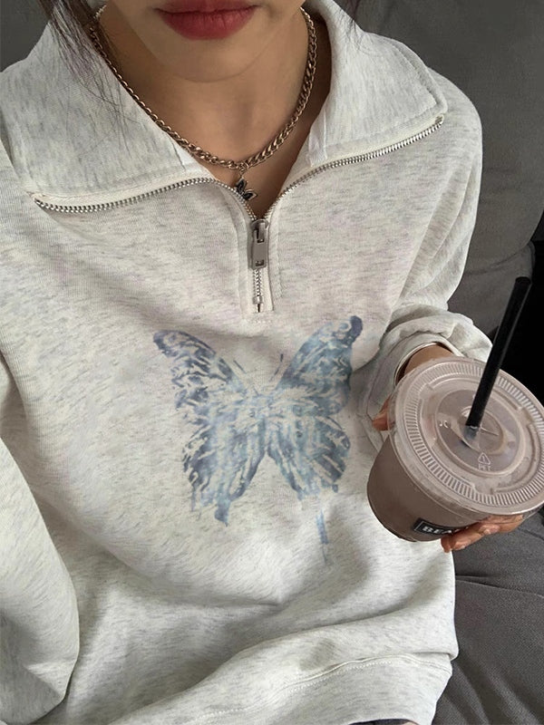 Vintage Butterfly Print Half Zipper Sweatshirt