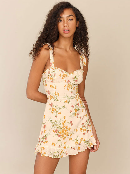 Mini Dresses Ecru White Floral Print Sleeveless Chiffon Short Dress