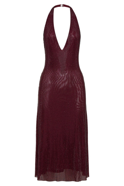 Deep V Neck Halter Sequin Shimmer Metallic Midi Dress