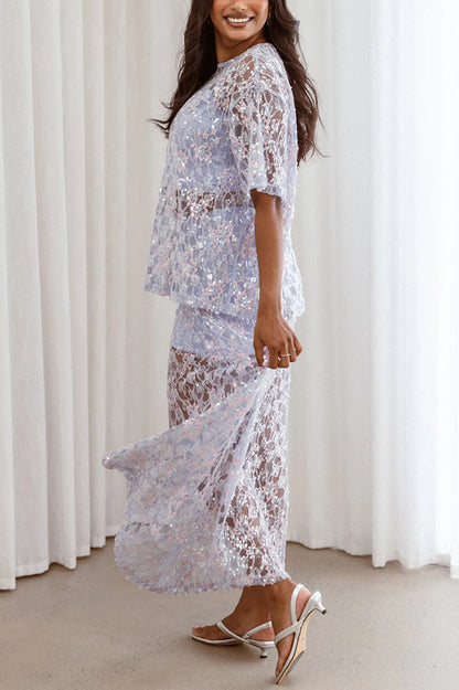 Catch The Light Sheer Sequin Lace High Rise Elastic Waist Maxi Skirt
