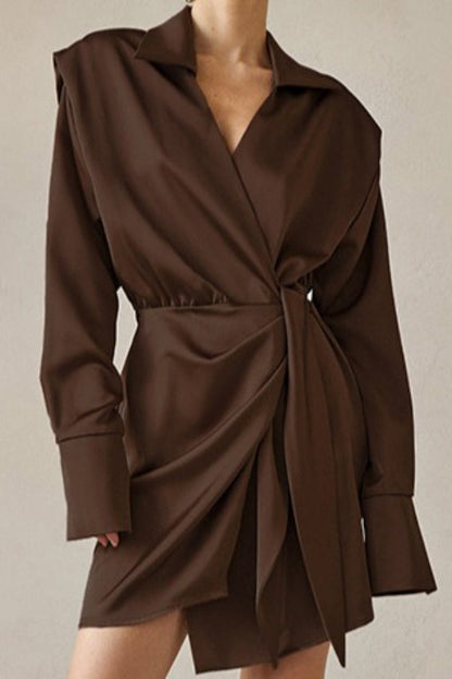 Collared Wrap Tie Waist Padded Shoulder Wide Cuff Satin Mini Dress