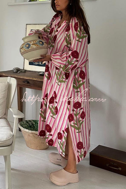 Lara Linen Blend Floral Stripe Print Button Up Belt Pocketed Kaftan Midi Dress
