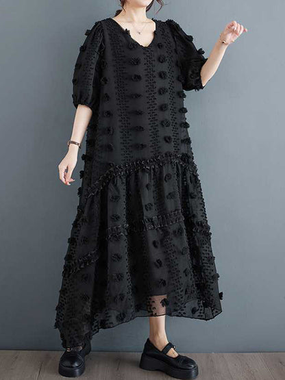 A-Line Half Sleeves Elasticity Jacquard Solid Color Split-Joint V-Neck Midi Dresses