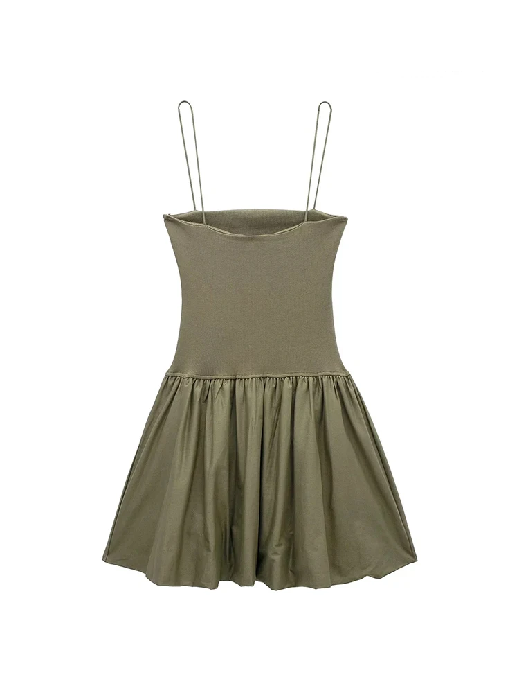 Square Neck Spaghetti Strap Drop Waist Bubble Hem Poplin Mini Dress