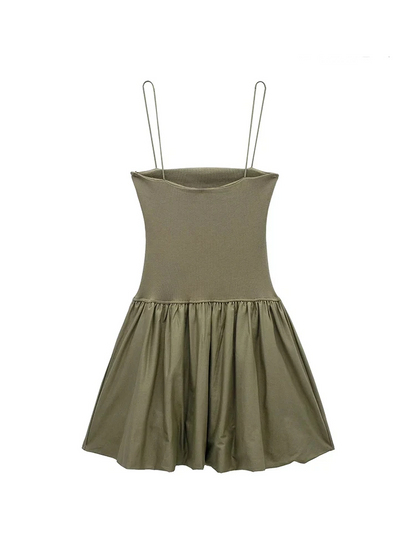 Square Neck Spaghetti Strap Drop Waist Bubble Hem Poplin Mini Dress