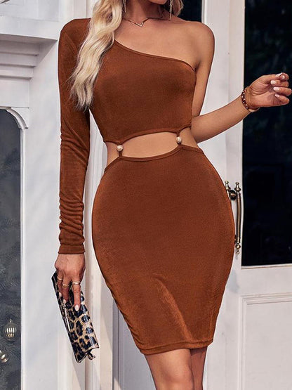 Long Sleeves Skinny Hollow One-Shoulder Mini Dresses