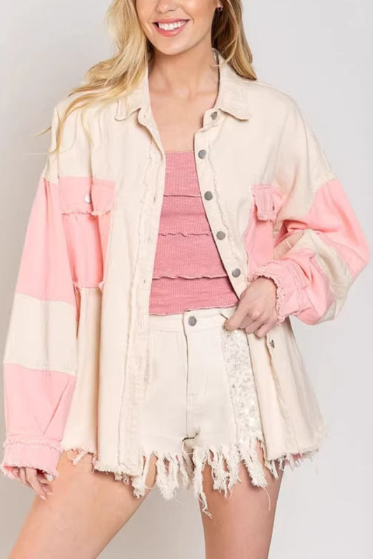 Stylish Color-blocked Lapel Long-sleeved Frayed Denim Jacket