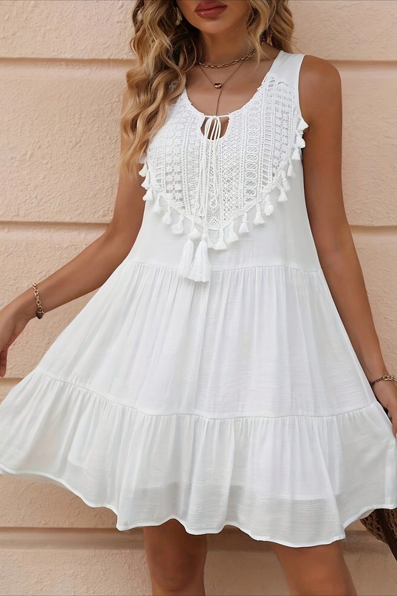 Crochet Lace Bib Tassel Tie Tiered Ruffle Babydoll Mini Dress