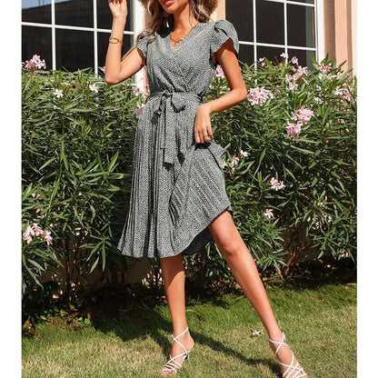 Summer V-Neck Midi Dress with Pleated Design in 3 Colors