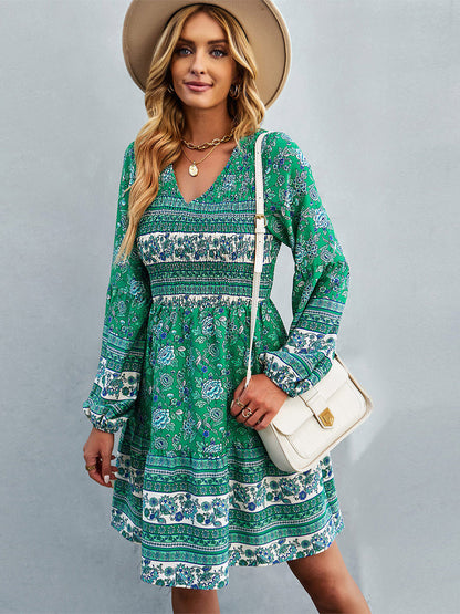 Boho Dress V-Neck Lantern Sleeves Floral Beach Mini Dresses