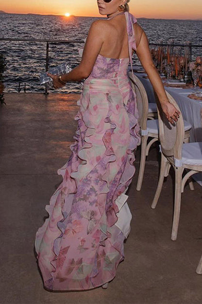 Dreamy Ruffle Halter V Neck Slit Watercolor Floral Maxi Dress