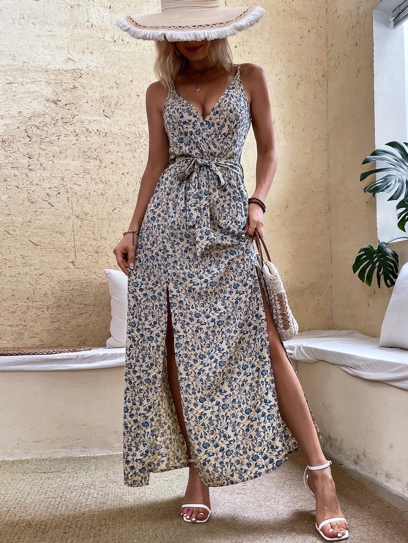 Women Summer V Neck Belt Print Sling Dress – Stylish Floral Sleeveless Mini Dress