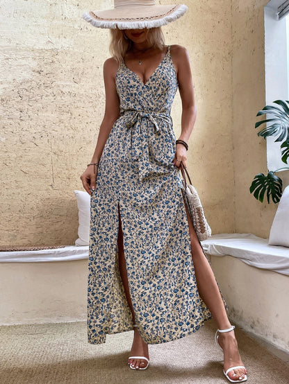 Women Summer V Neck Belt Print Sling Dress – Stylish Floral Sleeveless Mini Dress