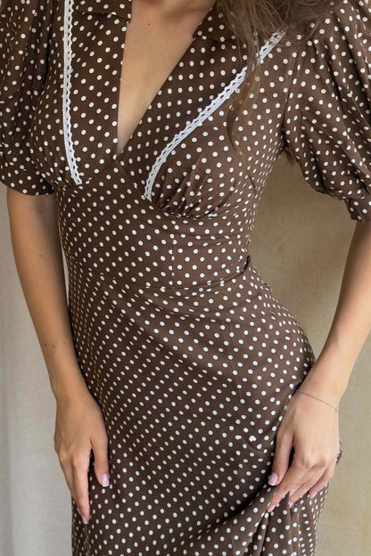 Polka Dot Point Collar Lace Trim Puff Sleeve Bodycon Maxi Dress
