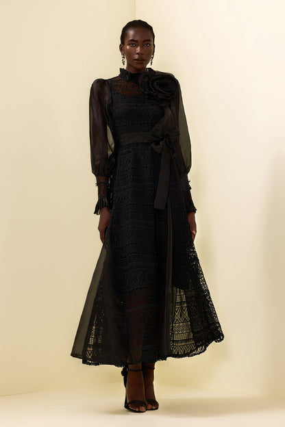 3D Flower Lace Puff Sleeve Midi Dress Black