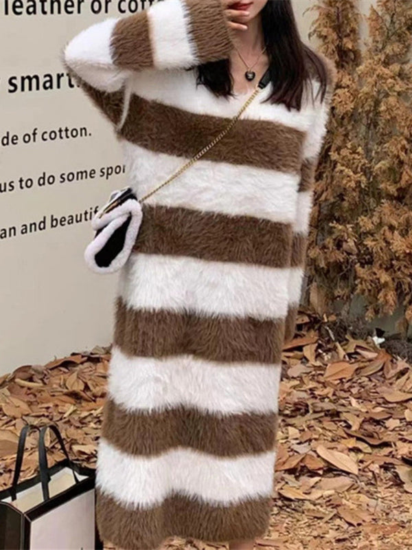 Long Sleeves Loose Striped V-Neck Knit Dresses Midi Dresses