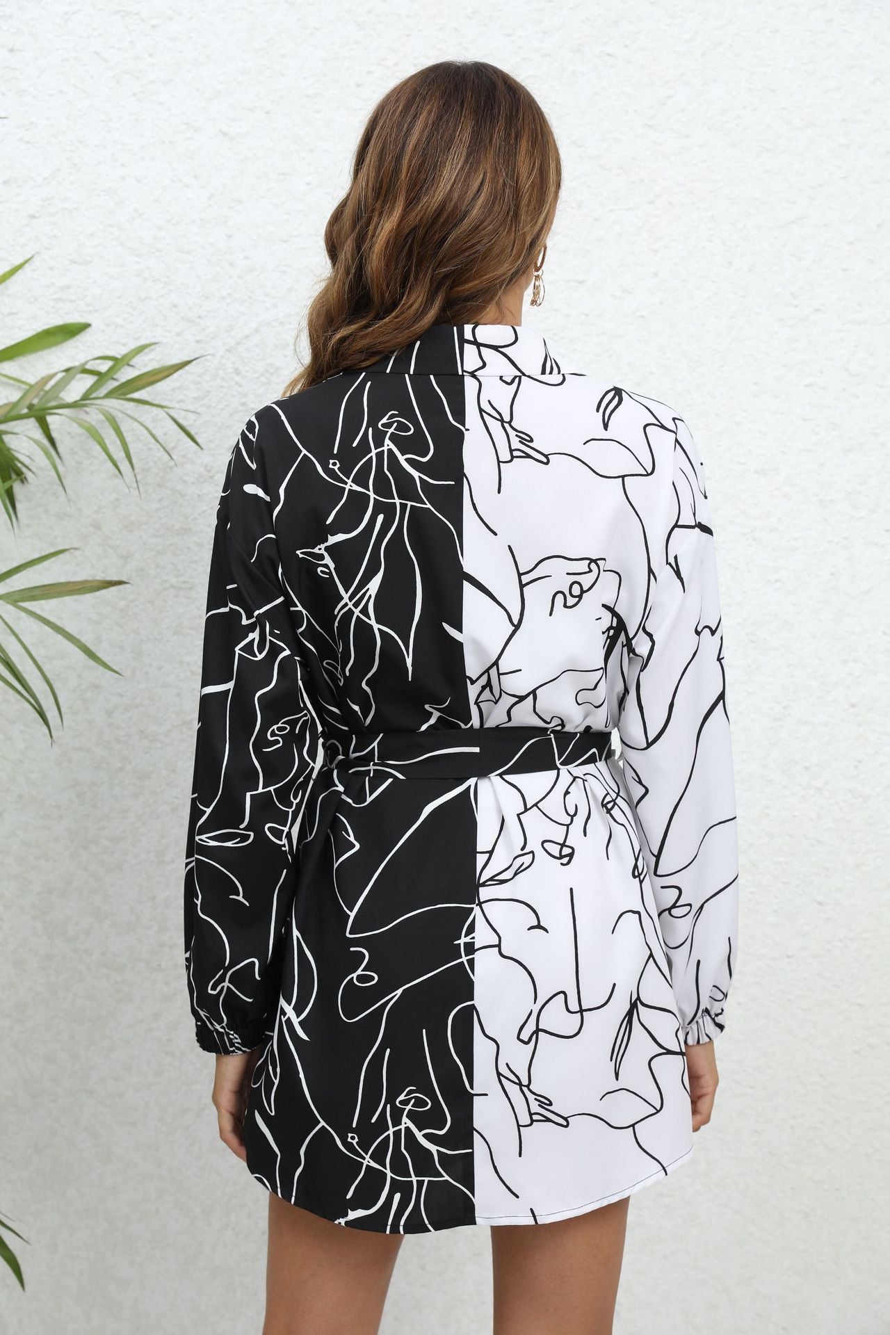 Long Sleeves Loose Contrast Color Printed Split-Joint Tied Waist Lapel Mini Dresses Shirt Dress