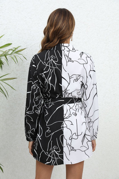 Long Sleeves Loose Contrast Color Printed Split-Joint Tied Waist Lapel Mini Dresses Shirt Dress