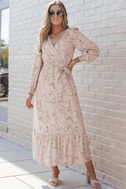 leopard surplice neck bubble sleeve maxi dress cheetah