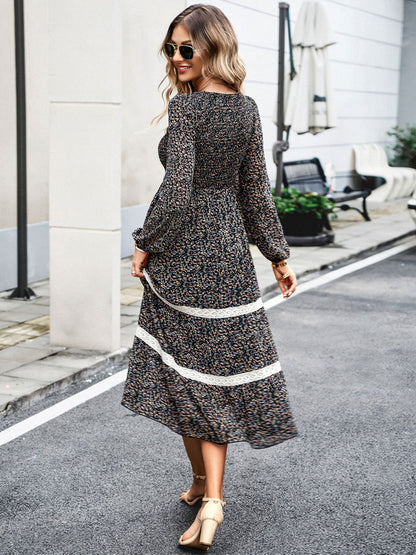Floral Dress Layered Jewel Neck Long Sleeves Fall Midi Dress