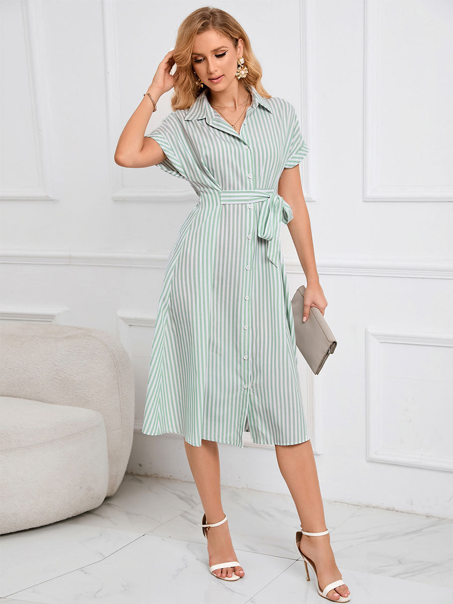 Shirt Midi Dress Light Green Turndown Collar Buttons Short Sleeves Stripes Dress