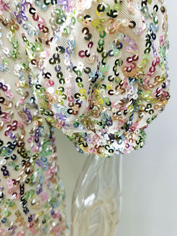Sequins Mini Dress Deep V Long Sleeves Cuffs Feminine Party Dresses